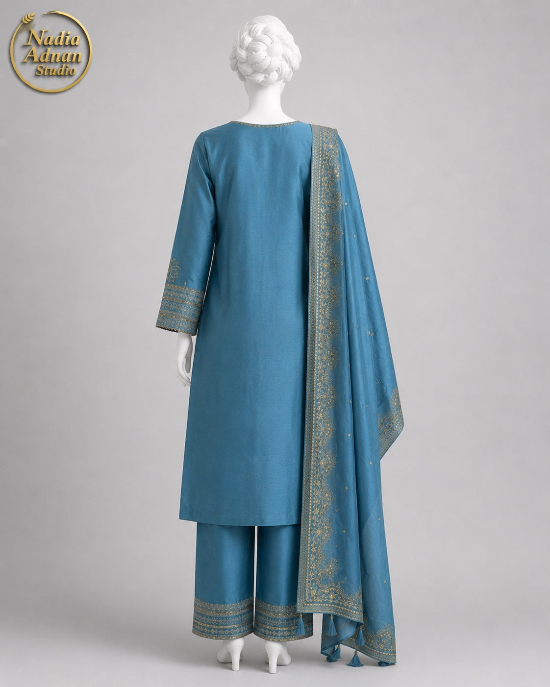 ICE BLUE KATAN SHIRT PLAZO -M back view - Ice Blue Katan Shirt Plazo by Nadia Adnan Studio