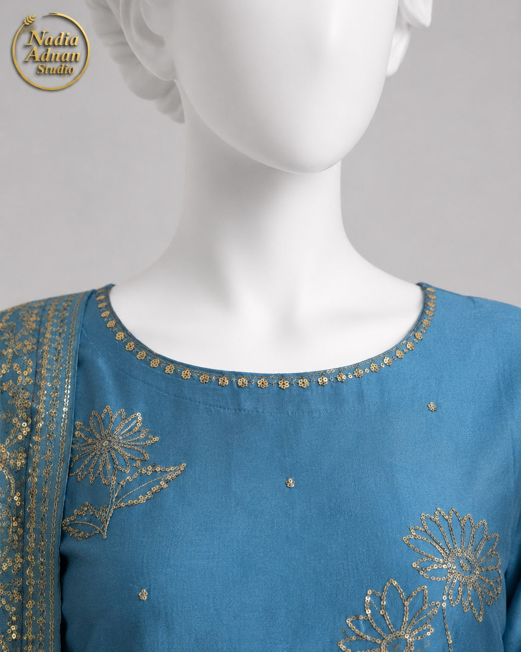 ICE BLUE KATAN SHIRT PLAZO -M neckline close-up - Ice Blue Katan Shirt Plazo by Nadia Adnan Studio