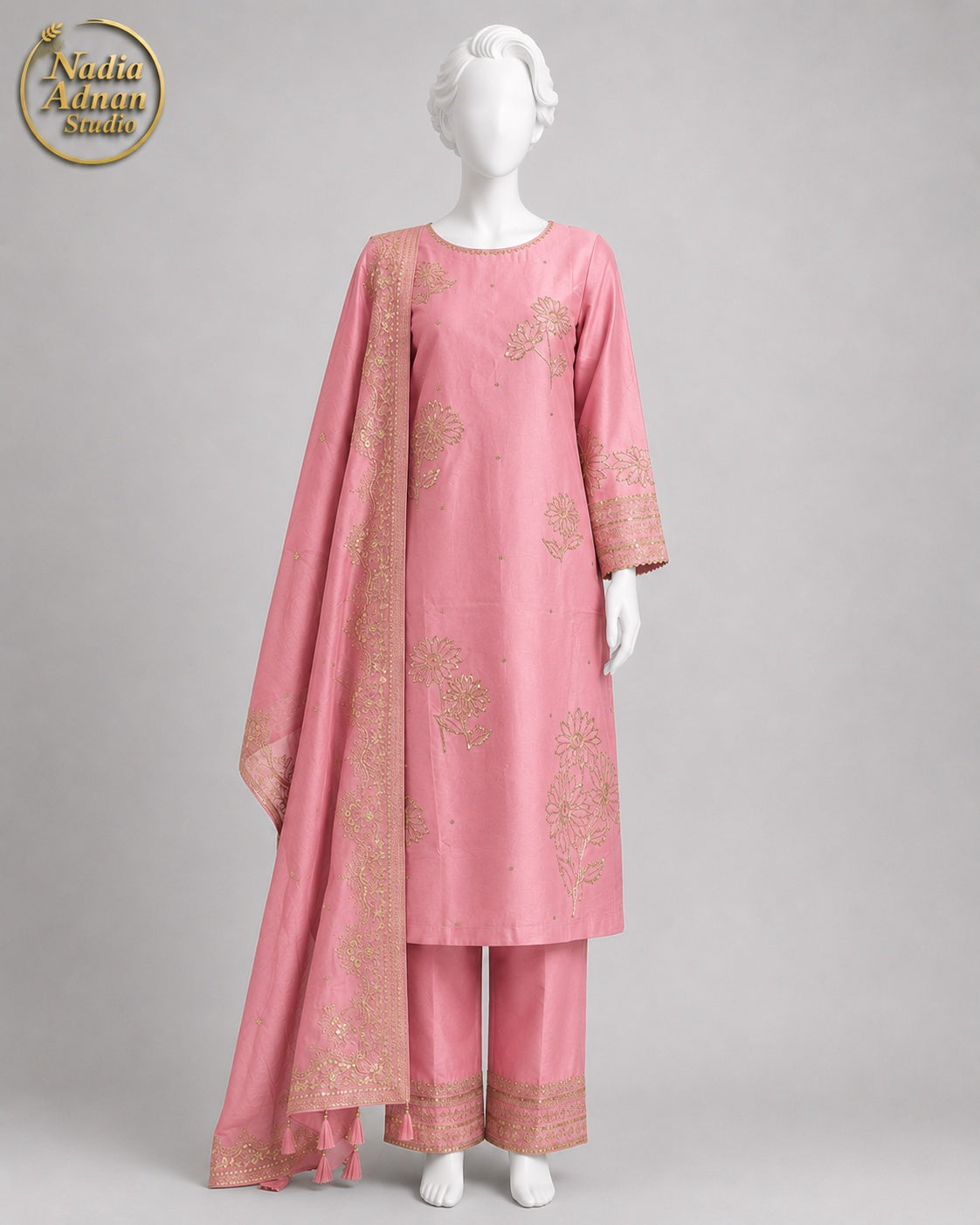 TEA PINK KATAN SHIRT PLAZO -L front view - Tea Pink Katan Shirt Plazo by Nadia Adnan Studio