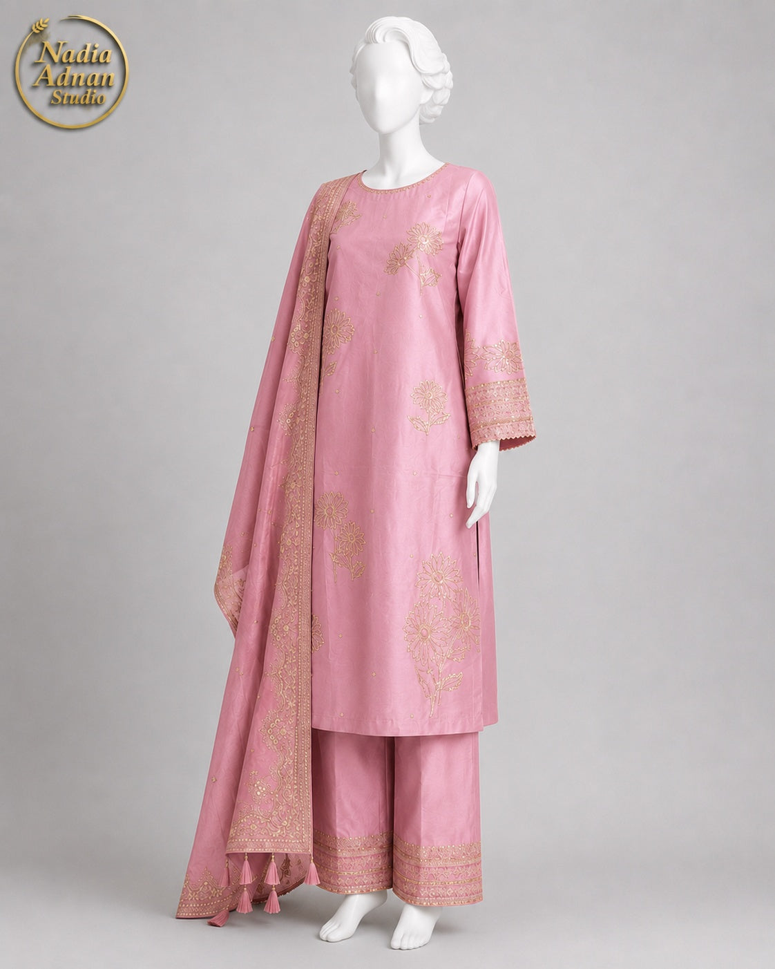 TEA PINK KATAN SHIRT PLAZO -L side view - Tea Pink Katan Shirt Plazo by Nadia Adnan Studio