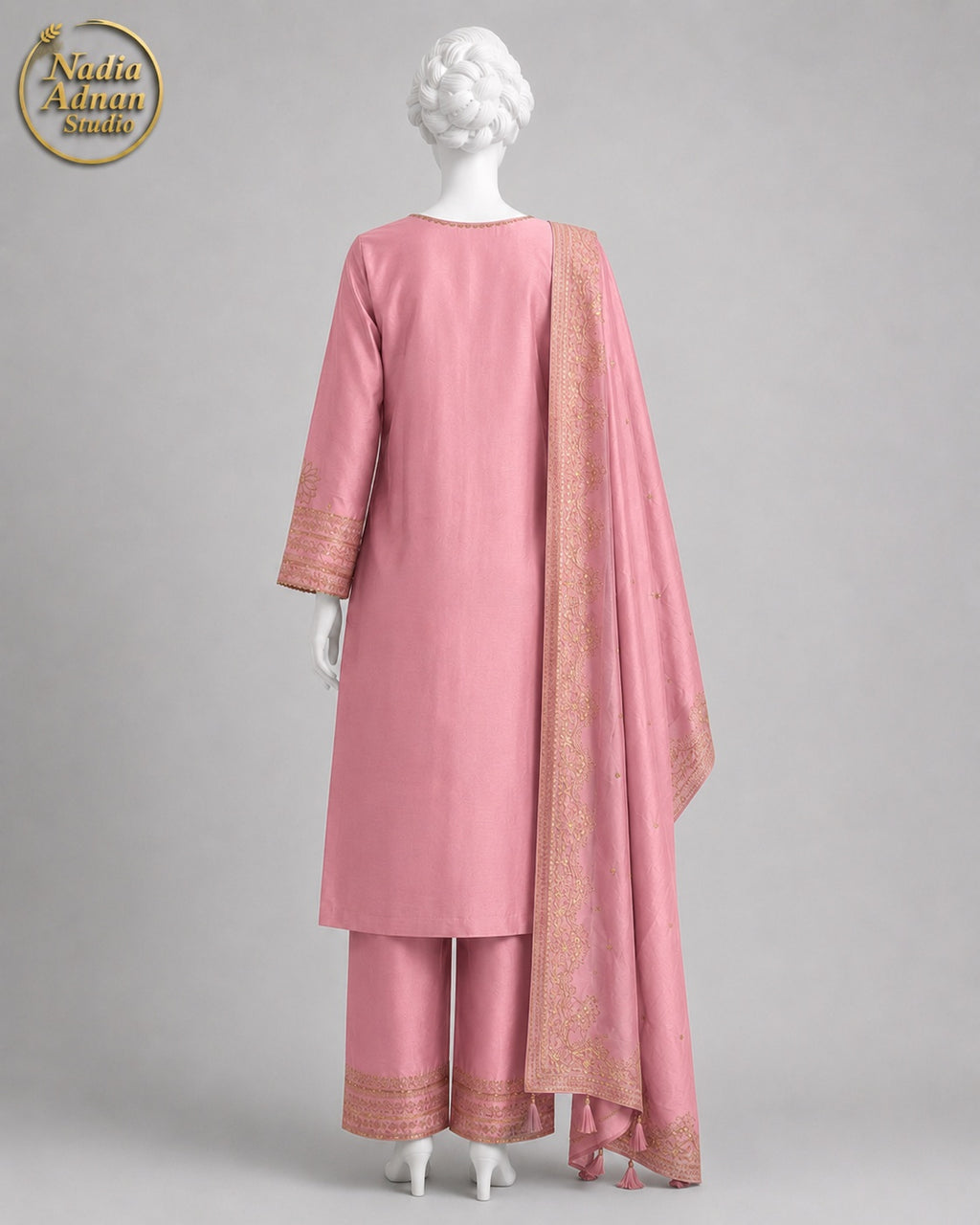 TEA PINK KATAN SHIRT PLAZO -L back view - Tea Pink Katan Shirt Plazo by Nadia Adnan Studio