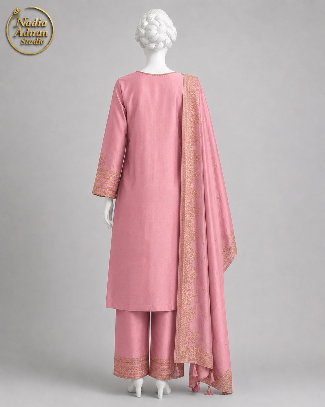 TEA PINK KATAN SHIRT PLAZO -L back view - Tea Pink Katan Shirt Plazo by Nadia Adnan Studio