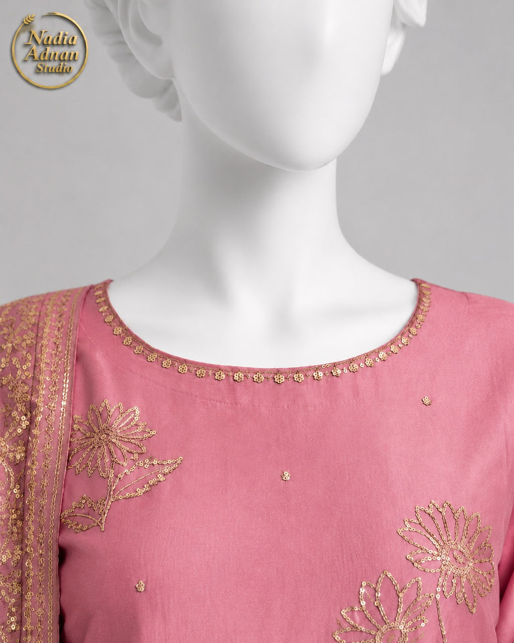 TEA PINK KATAN SHIRT PLAZO -L neckline close-up - Tea Pink Katan Shirt Plazo by Nadia Adnan Studio