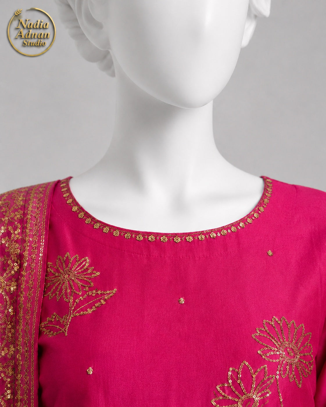 PINK KATAN SHIRT PLAZO -M neckline close-up - Pink Katan Shirt Plazo by Nadia Adnan Studio