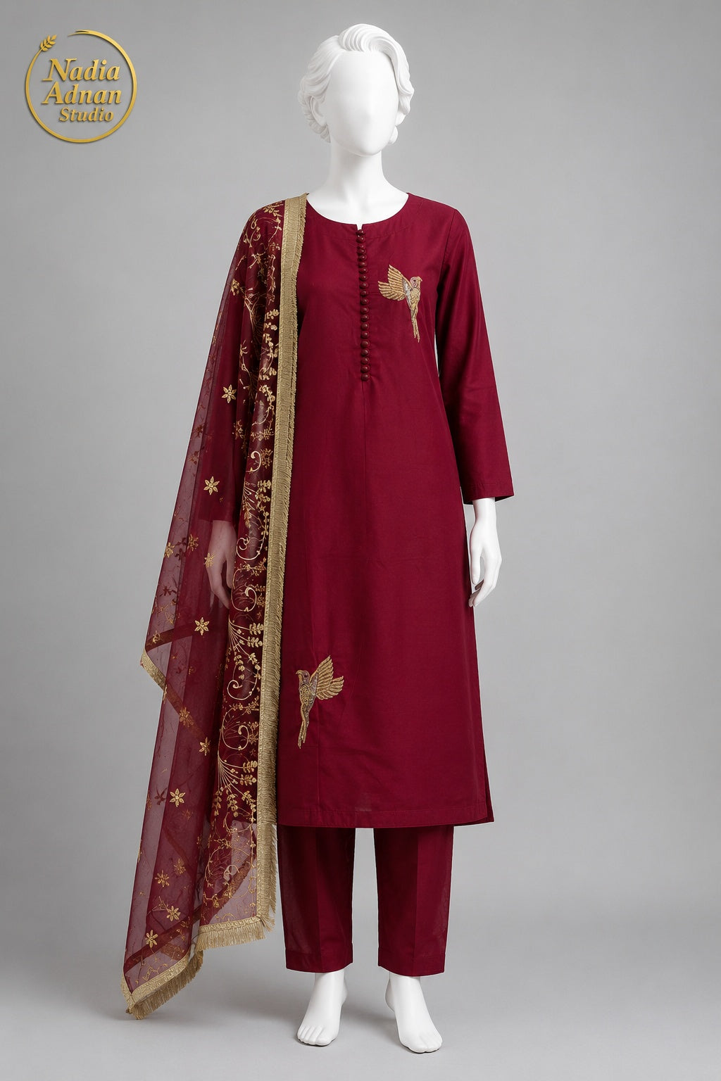 MAROON KATAN SHIRT PLAZO -M front view - Maroon Katan Shirt Plazo by Nadia Adnan Studio