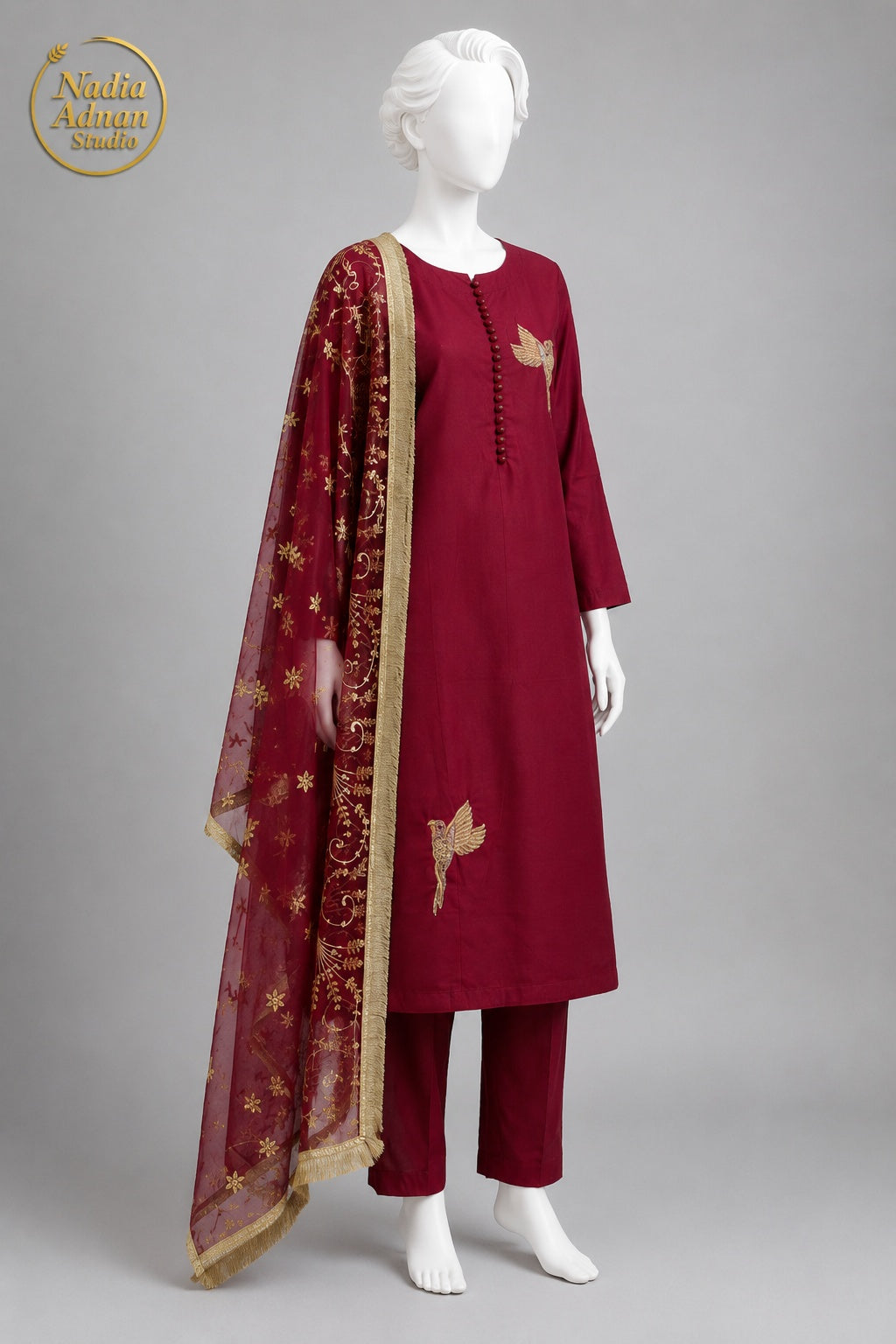 MAROON KATAN SHIRT PLAZO -M side view - Maroon Katan Shirt Plazo by Nadia Adnan Studio
