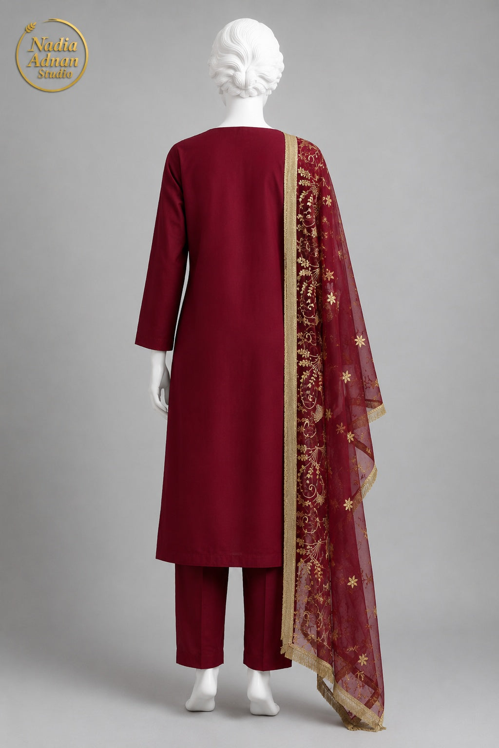MAROON KATAN SHIRT PLAZO -M back view - Maroon Katan Shirt Plazo by Nadia Adnan Studio