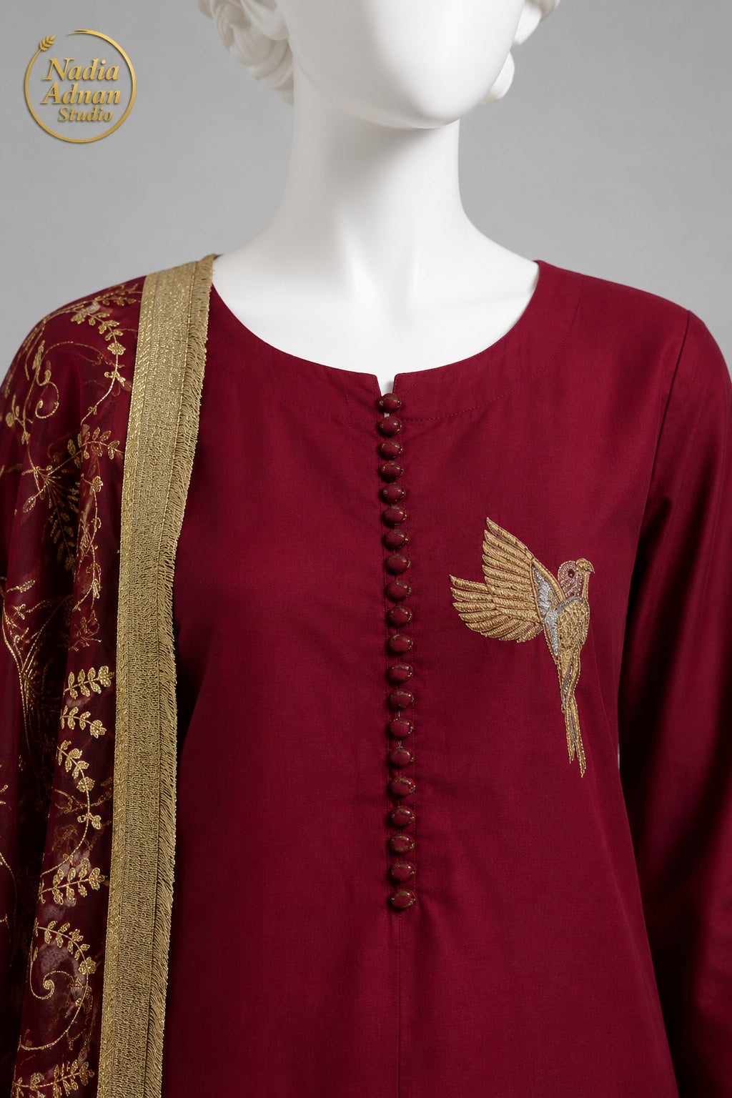 MAROON KATAN SHIRT PLAZO -M neckline close-up - Maroon Katan Shirt Plazo by Nadia Adnan Studio