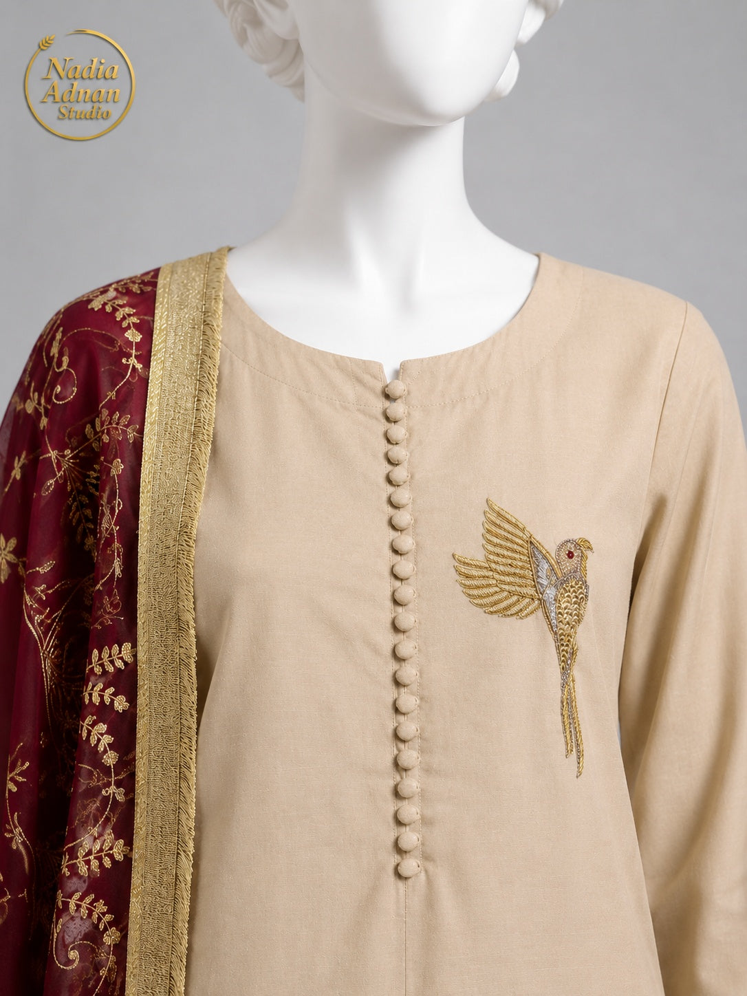 GOLDEN KATAN SHIRT PLAZO -M neckline close-up - Golden Katan Shirt Plazo by Nadia Adnan Studio