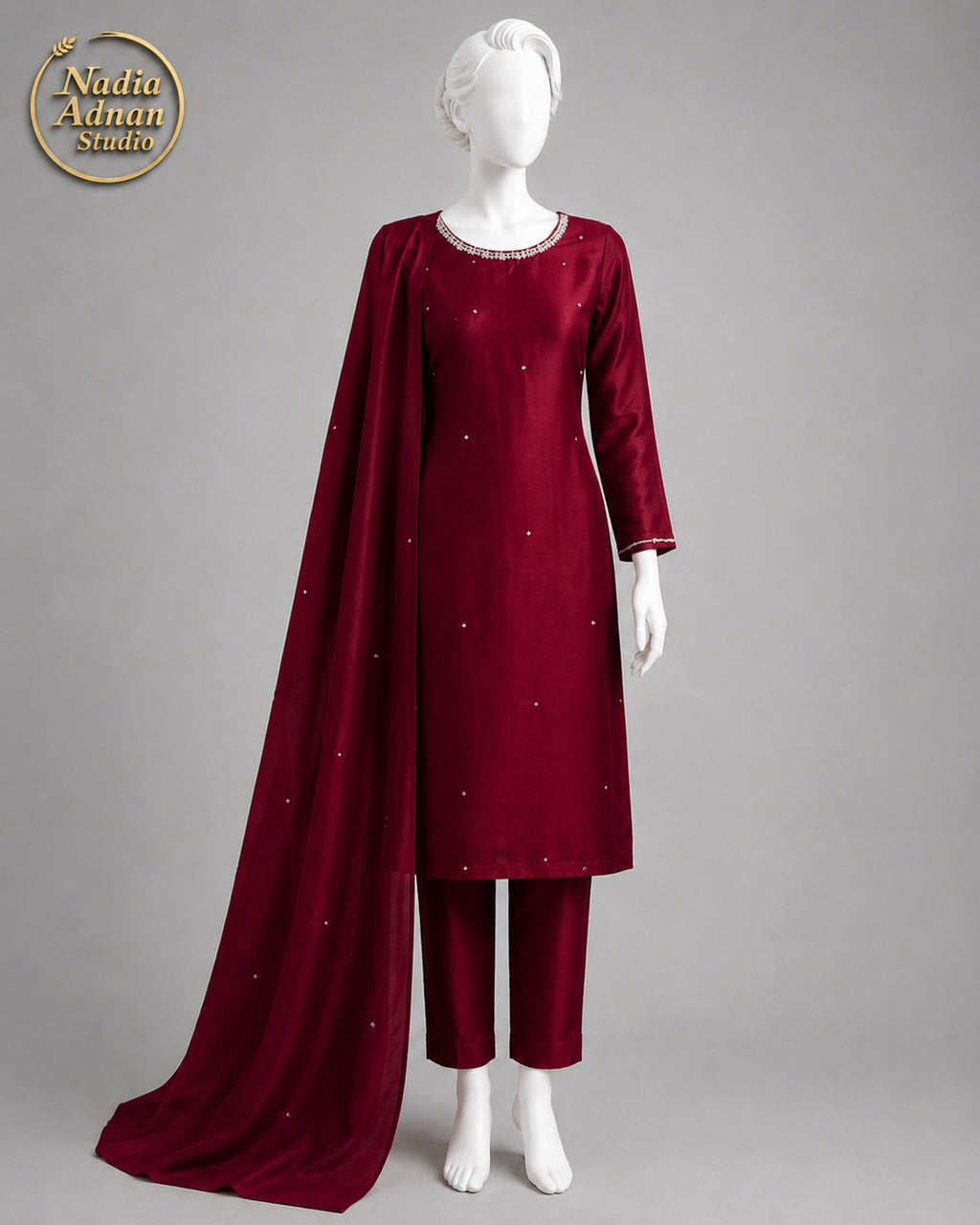 MAROON CHIFFON SHIRT PLAZO -M front view - Maroon Chiffon Shirt Plazo by Nadia Adnan Studio