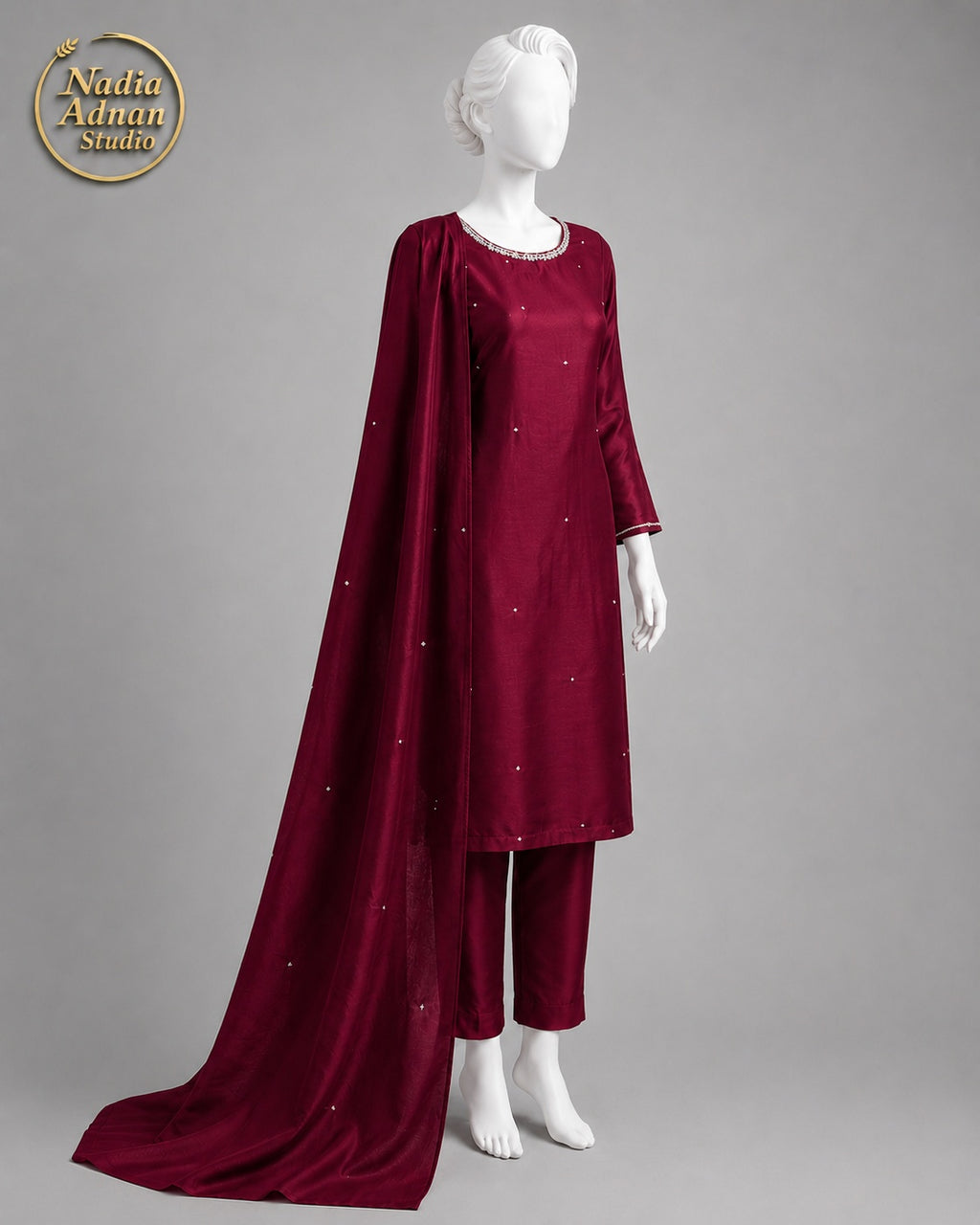 MAROON CHIFFON SHIRT PLAZO -M side view - Maroon Chiffon Shirt Plazo by Nadia Adnan Studio