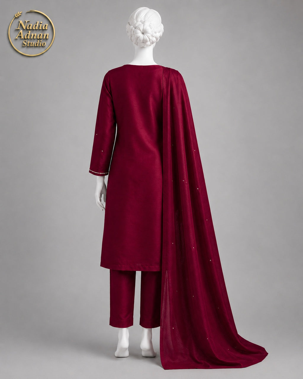 MAROON CHIFFON SHIRT PLAZO -M back view - Maroon Chiffon Shirt Plazo by Nadia Adnan Studio