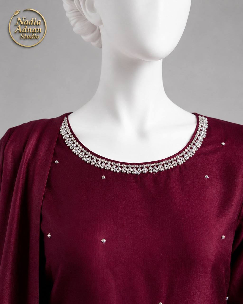 MAROON CHIFFON SHIRT PLAZO -M neckline close-up - Maroon Chiffon Shirt Plazo by Nadia Adnan Studio