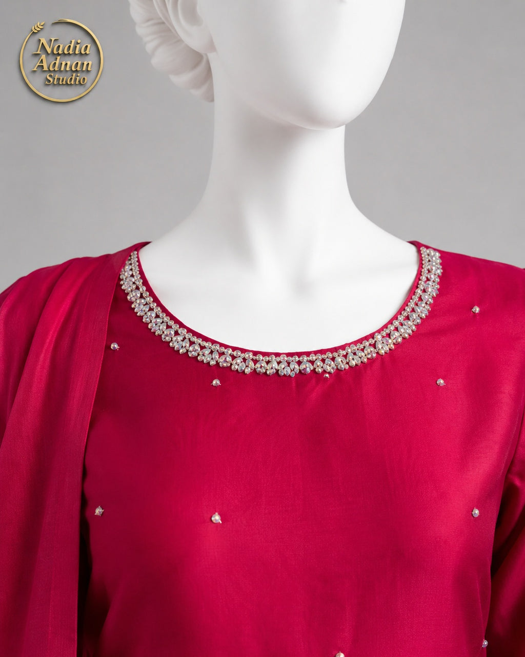 PINK CHIFFON SHIRT PLAZO -M neckline close-up - Pink Chiffon Shirt Plazo by Nadia Adnan Studio