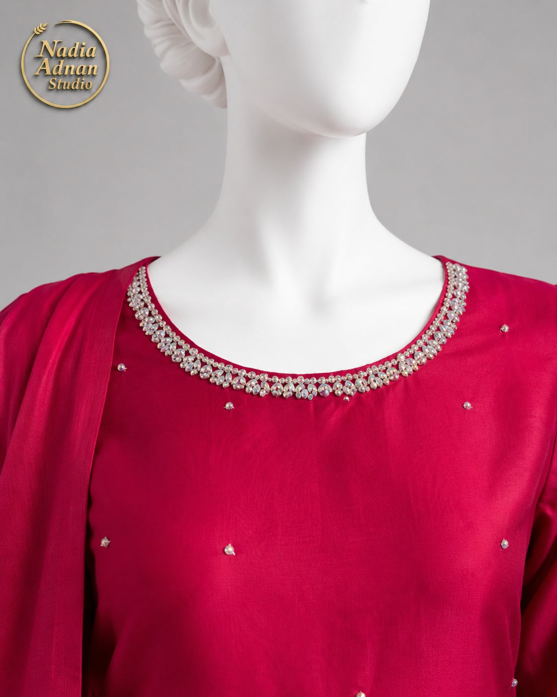 PINK CHIFFON SHIRT PLAZO -M neckline close-up - Pink Chiffon Shirt Plazo by Nadia Adnan Studio
