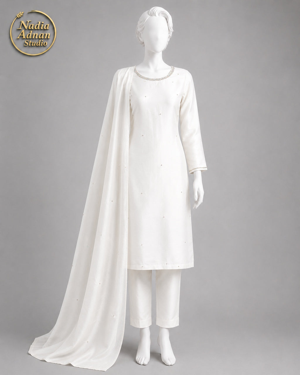 WHITE CHIFFON SHIRT PLAZO -M front view - White Chiffon Shirt Plazo by Nadia Adnan Studio
