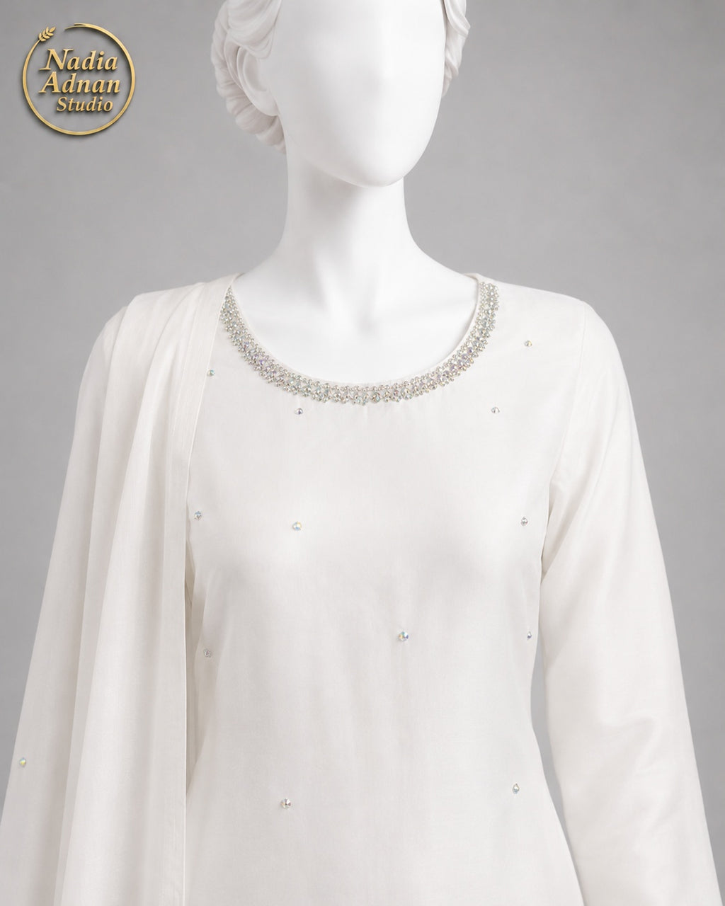 WHITE CHIFFON SHIRT PLAZO -M neckline close-up - White Chiffon Shirt Plazo by Nadia Adnan Studio