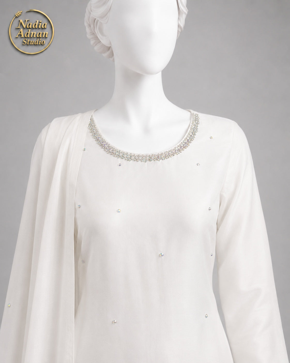 WHITE CHIFFON SHIRT PLAZO -M neckline close-up - White Chiffon Shirt Plazo by Nadia Adnan Studio