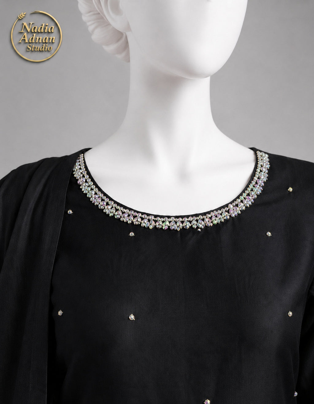 BLACK CHIFFON SHIRT PLAZO -M neckline close-up - Black Chiffon Shirt Plazo by Nadia Adnan Studio