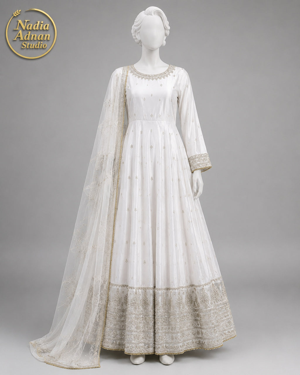 WHITE KATAN MAXI -L neckline close-up - White Katan Maxi by Nadia Adnan Studio