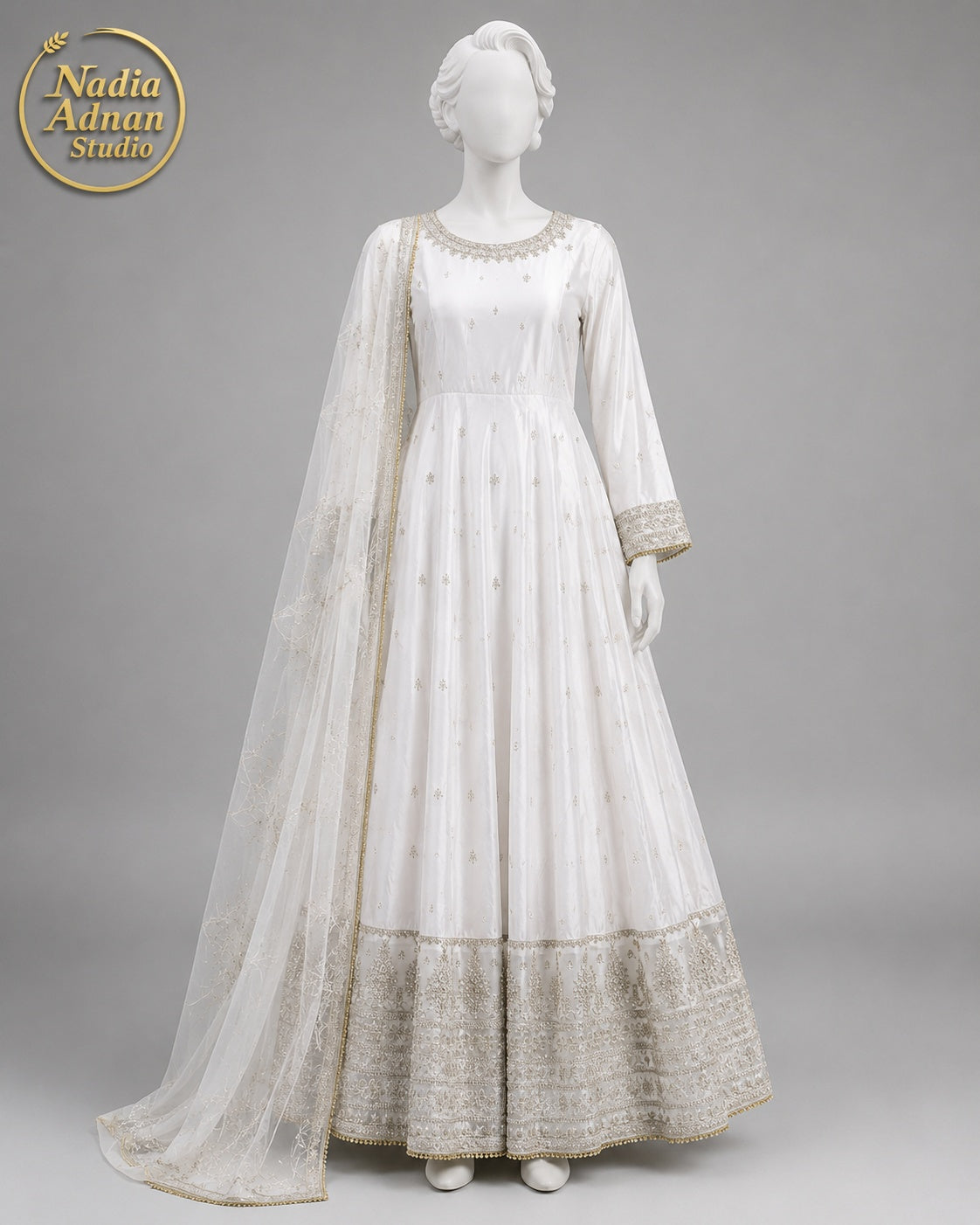 WHITE KATAN MAXI -L neckline close-up - White Katan Maxi by Nadia Adnan Studio