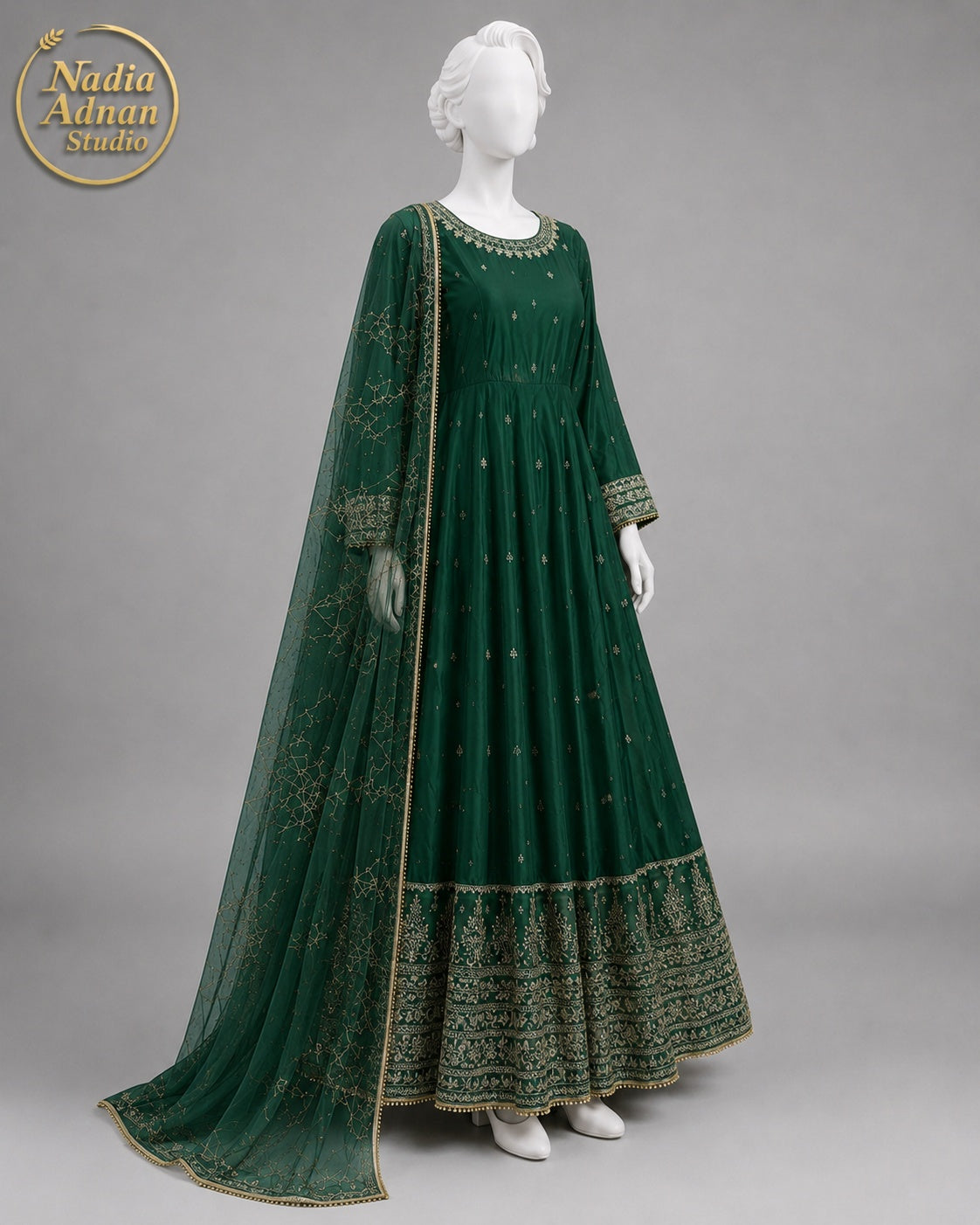 BOTTLE GREEN KATAN MAXI -M front view - Bottle Green Katan Maxi by Nadia Adnan Studio