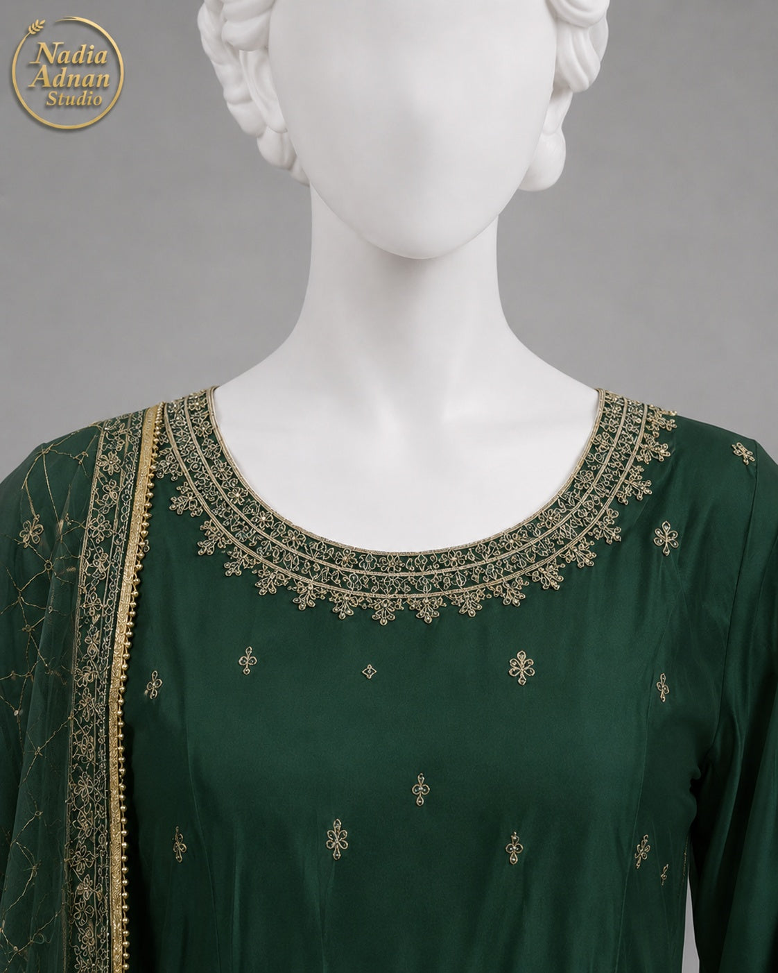 BOTTLE GREEN KATAN MAXI -M neckline close-up - Bottle Green Katan Maxi by Nadia Adnan Studio