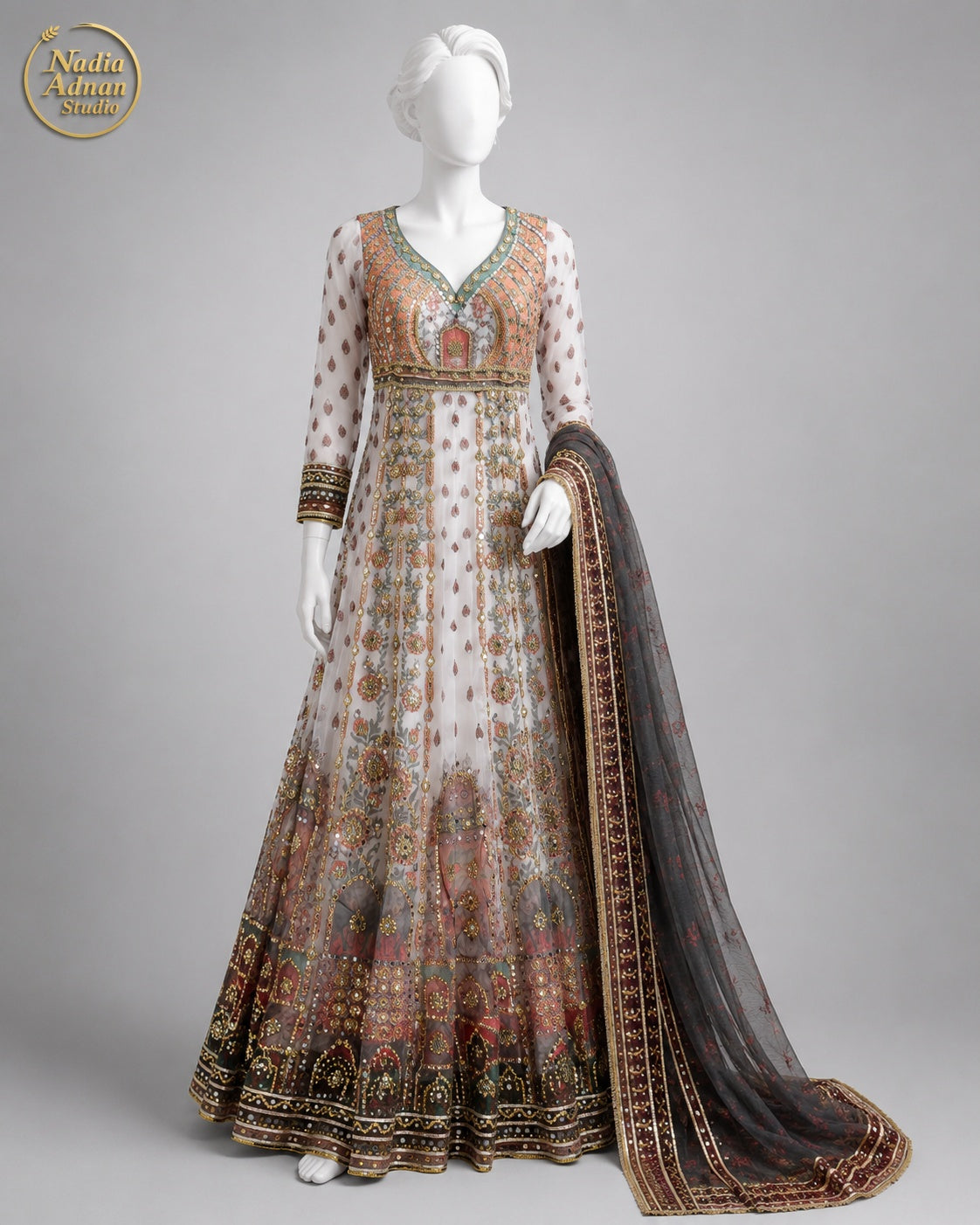 IVORY RUST BROWN TEAL ORGANZA MAXI -S front view - Ivory Rust Brown Teal Organza Maxi by Nadia Adnan Studio