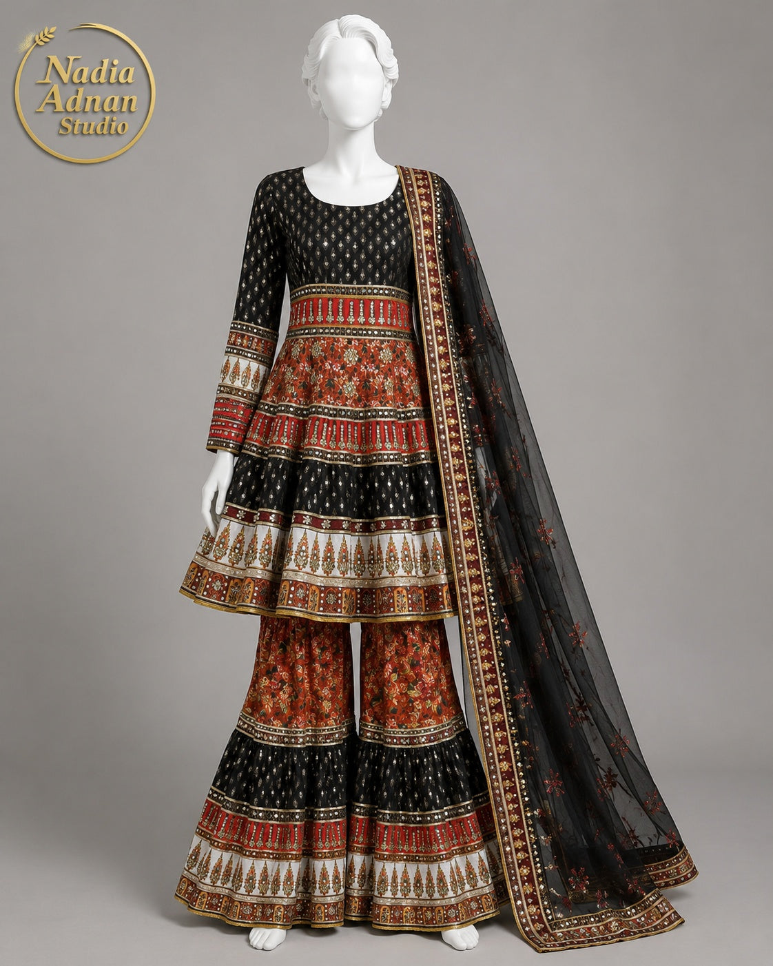 BLACK RUST IVORY GREEN ORGANZA GHARARA -M / L front view - Black Rust Ivory Green Organza Gharara by Nadia Adnan Studio
