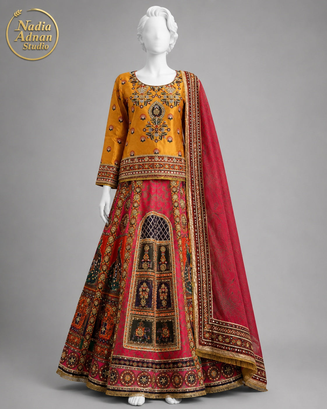 MUSTARD ORANGE ORGANZA LEHENGA -S front view - Mustard Orange Organza Lehenga by Nadia Adnan Studio
