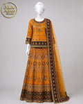 MUSTARD ORANGE MULTICOLOR ORGANZA LEHENGA -M front view - Mustard Orange Multicolor Organza Lehenga by Nadia Adnan Studio