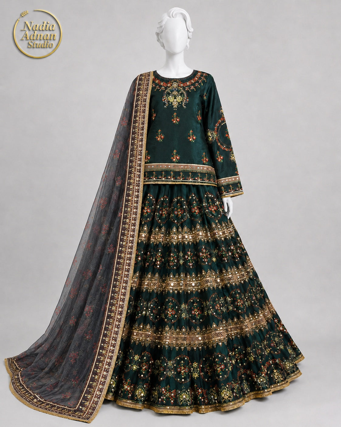 DARK GREEN TEAL ORGANZA LEHENGA -M front view - Dark Green Teal Organza Lehenga by Nadia Adnan Studio