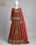 ORANGE RED BLACK ORGANZA LEHENGA -M front view - Orange Red Black Organza Lehenga by Nadia Adnan Studio