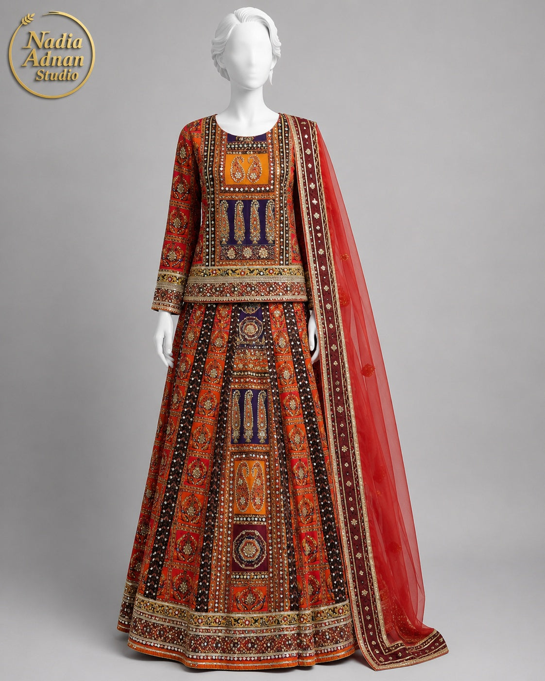 ORANGE RED BLACK ORGANZA LEHENGA -M front view - Orange Red Black Organza Lehenga by Nadia Adnan Studio