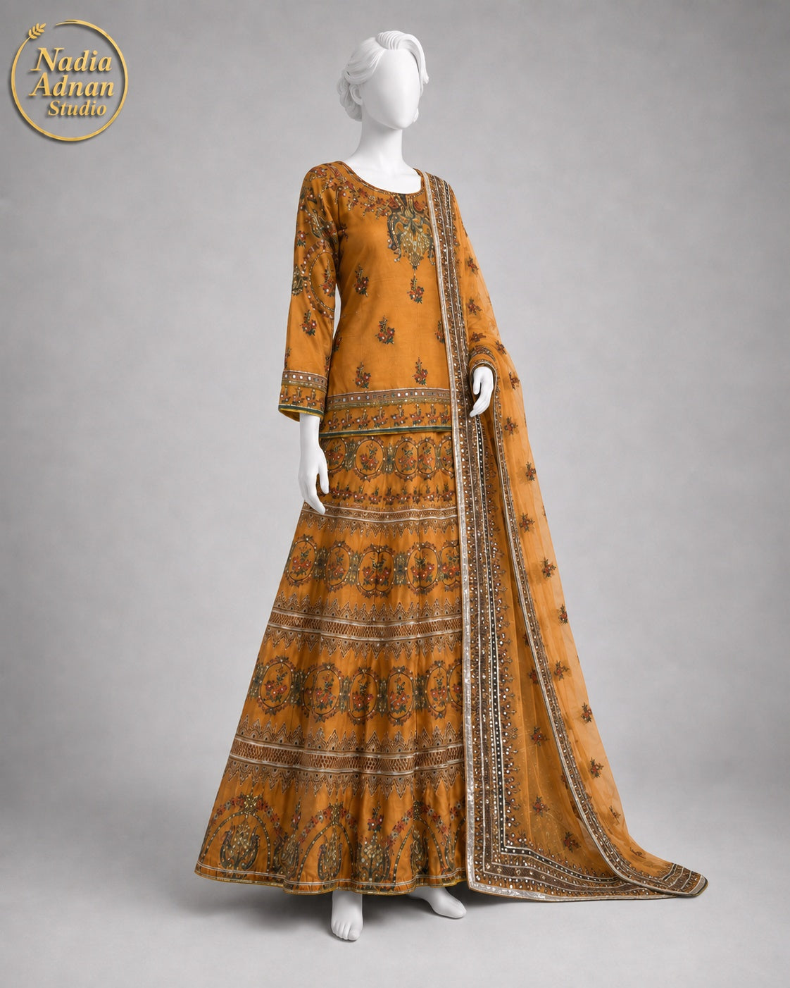 MUSTARD ORANGE BROWN ORGANZA LEHENGA -L front view - Mustard Orange Brown Organza Lehenga by Nadia Adnan Studio