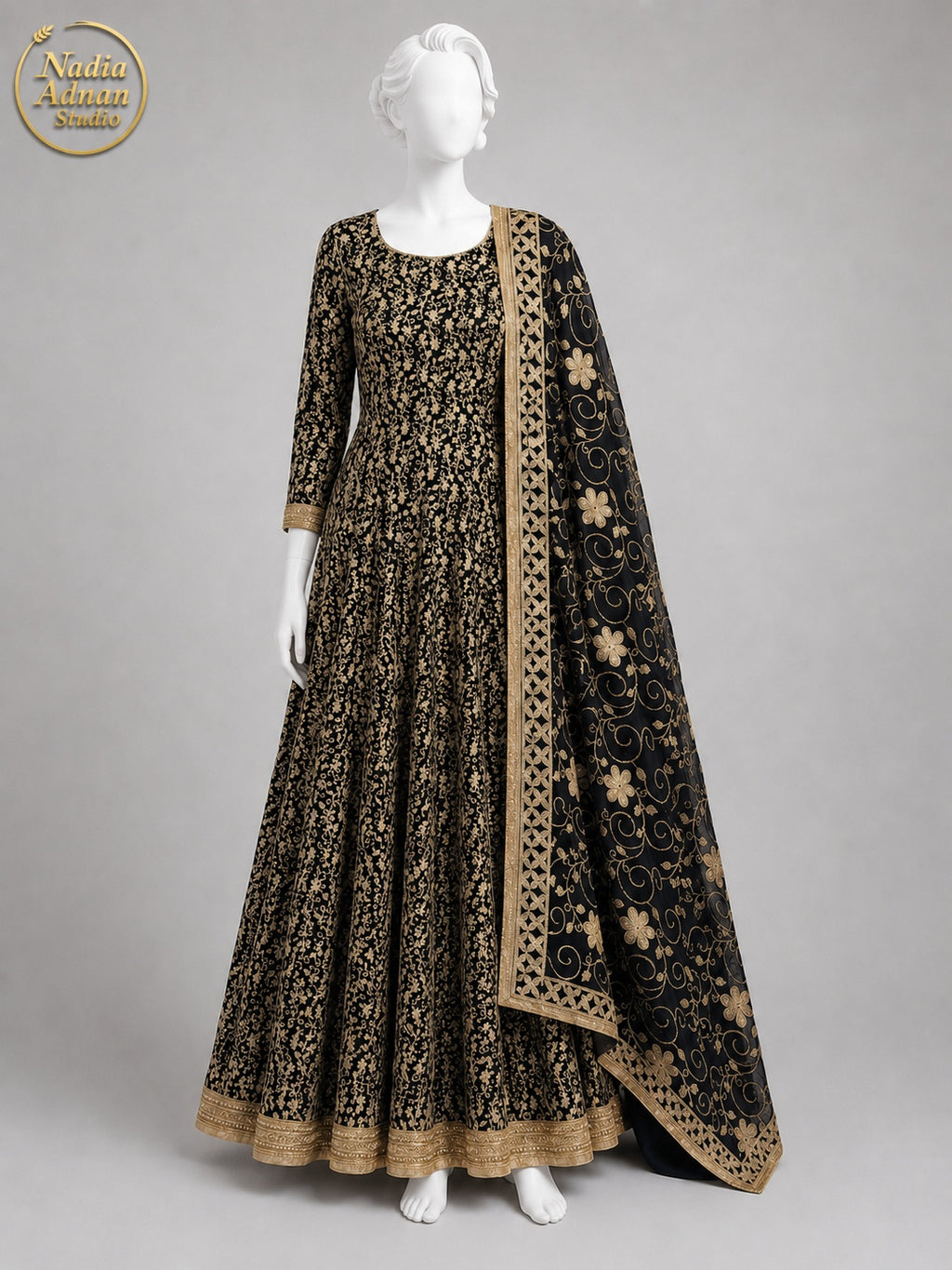 BLACK CHIFFON MAXI -M / L front view - Black Chiffon Maxi by Nadia Adnan Studio