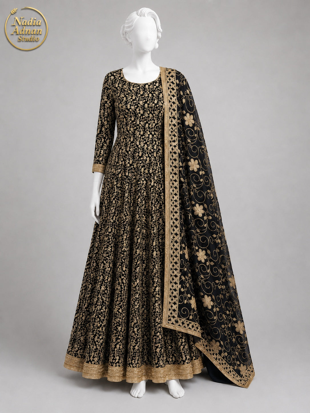 BLACK CHIFFON MAXI -M / L front view - Black Chiffon Maxi by Nadia Adnan Studio
