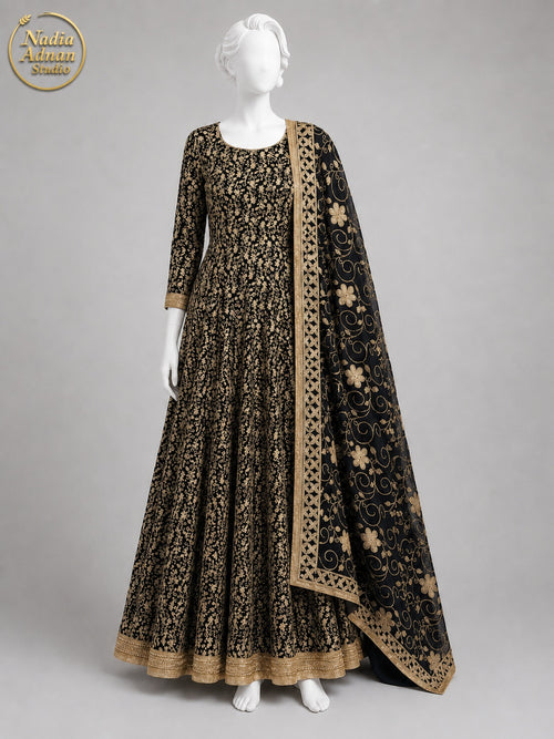 BLACK CHIFFON MAXI -M / L front view - Black Chiffon Maxi by Nadia Adnan Studio