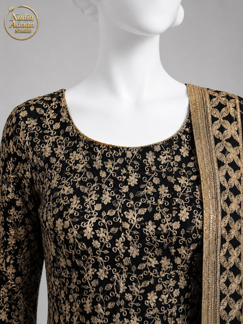 BLACK CHIFFON MAXI -M / L neckline close-up - Black Chiffon Maxi by Nadia Adnan Studio