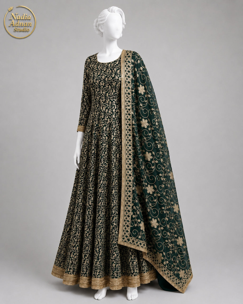 BOTTLE GREEN CHIFFON MAXI -M / L front view - Bottle Green Chiffon Maxi by Nadia Adnan Studio
