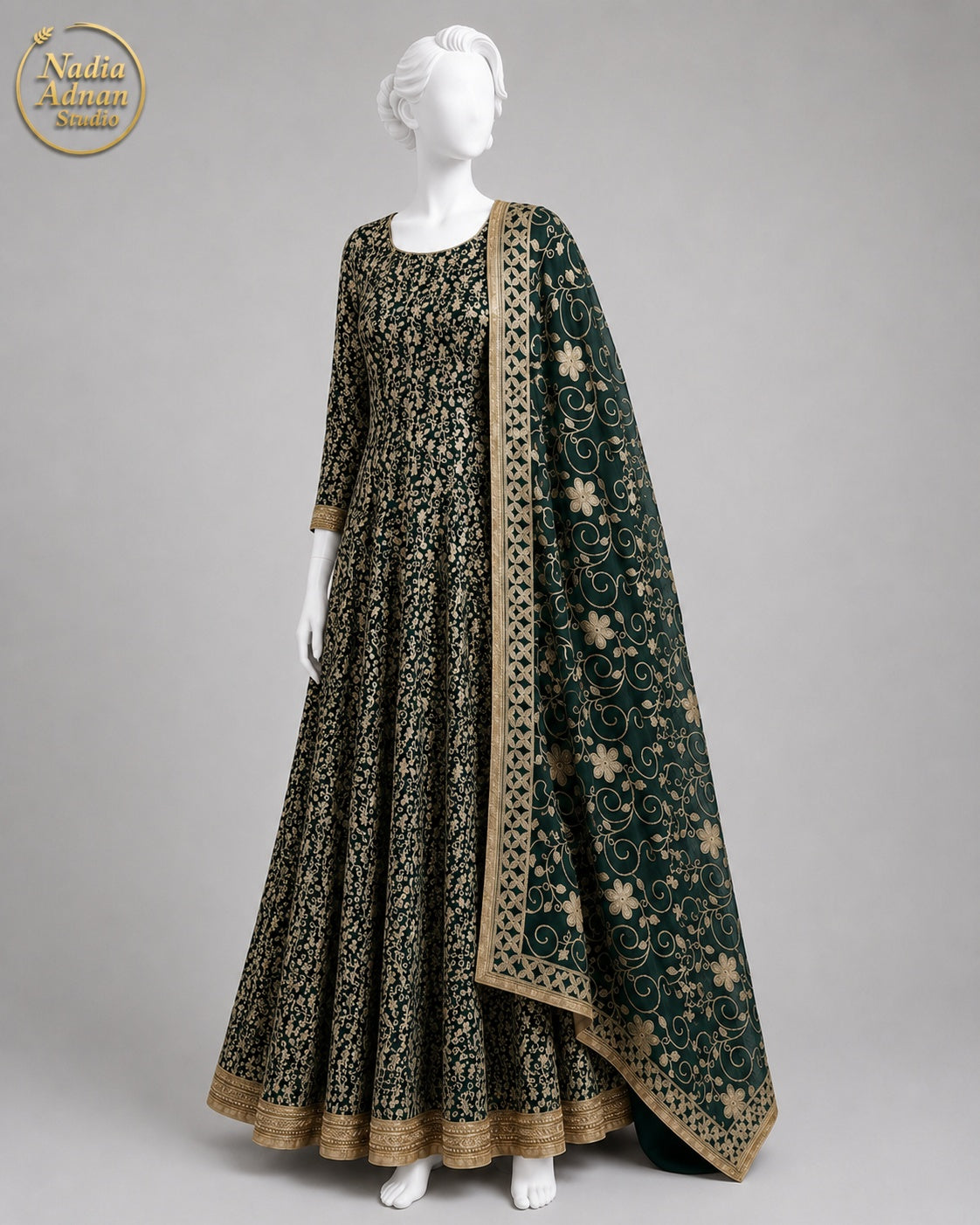BOTTLE GREEN CHIFFON MAXI -M / L front view - Bottle Green Chiffon Maxi by Nadia Adnan Studio