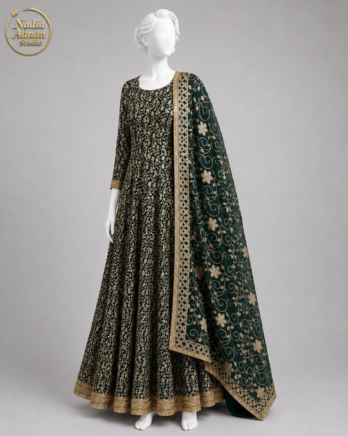 BOTTLE GREEN CHIFFON MAXI -M / L front view - Bottle Green Chiffon Maxi by Nadia Adnan Studio