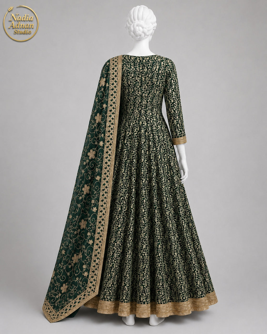 BOTTLE GREEN CHIFFON MAXI -M / L side view - Bottle Green Chiffon Maxi by Nadia Adnan Studio