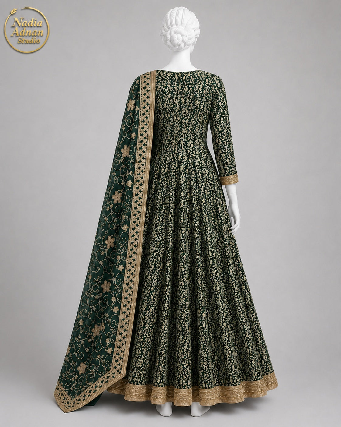 BOTTLE GREEN CHIFFON MAXI -M / L side view - Bottle Green Chiffon Maxi by Nadia Adnan Studio