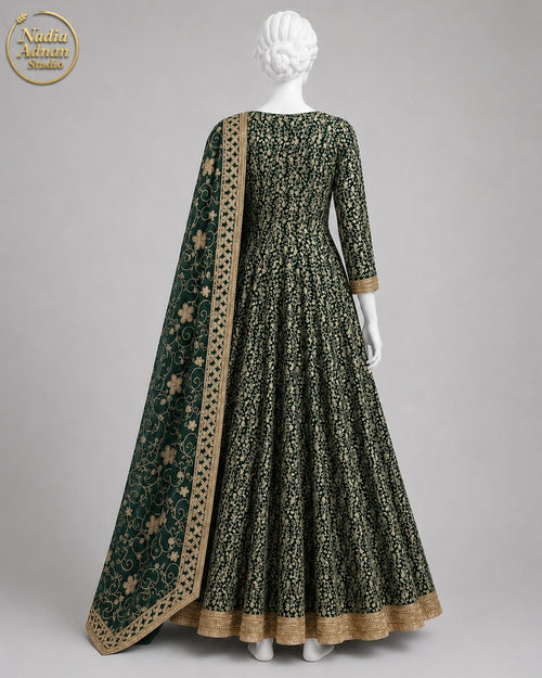 BOTTLE GREEN CHIFFON MAXI -M / L side view - Bottle Green Chiffon Maxi by Nadia Adnan Studio