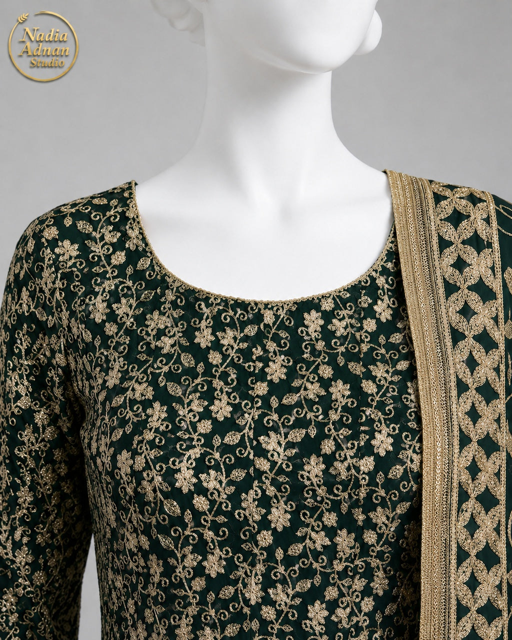 BOTTLE GREEN CHIFFON MAXI -M / L back view - Bottle Green Chiffon Maxi by Nadia Adnan Studio