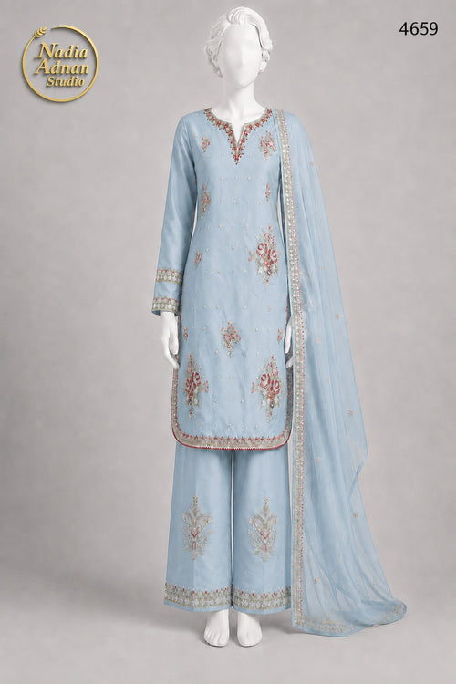 BLUE KATAN PLAZO -L - image 1 - Nadia Adnan Studio