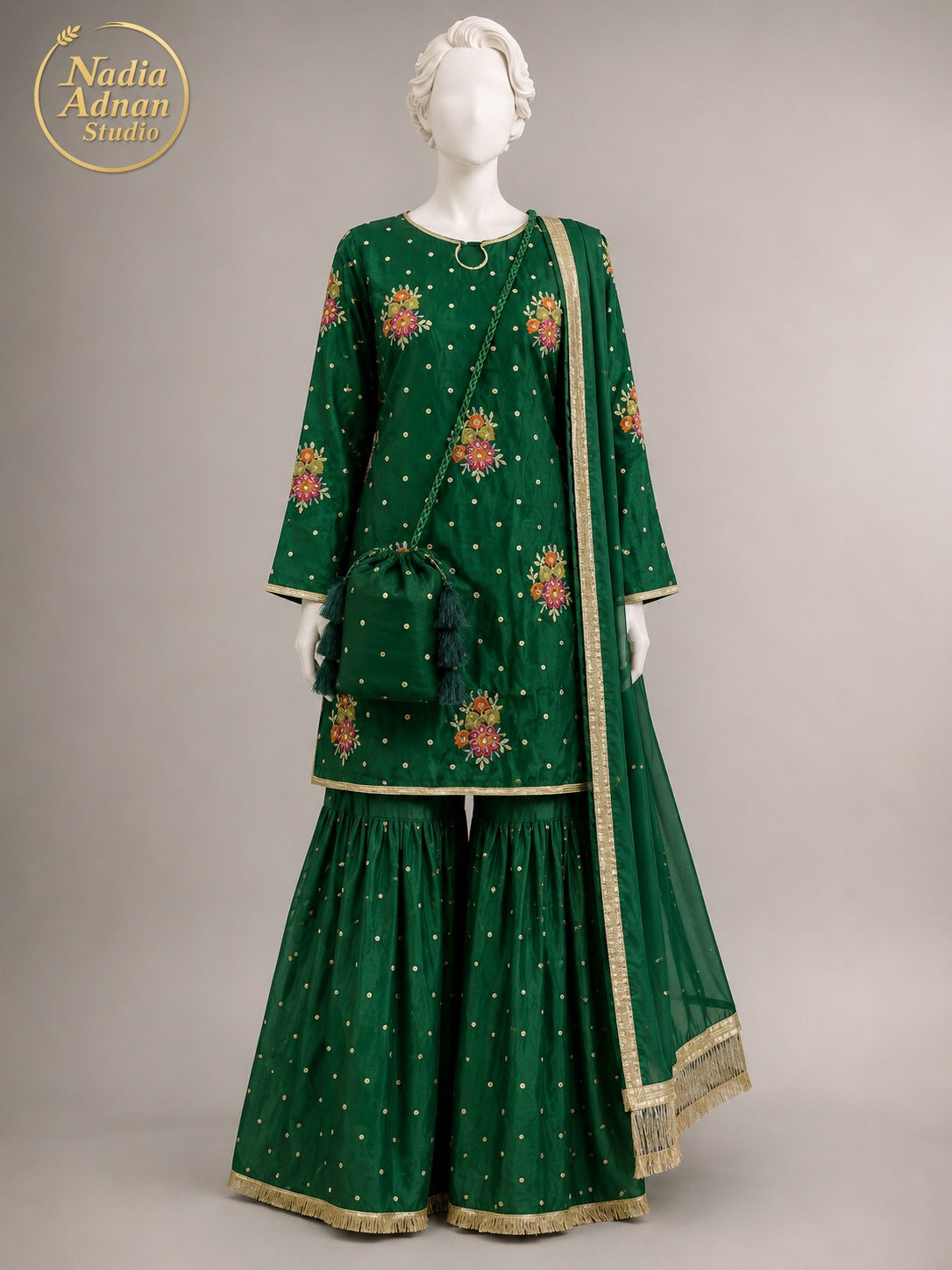 GREEN KATAN GHARARA -S - image 1 - Nadia Adnan Studio