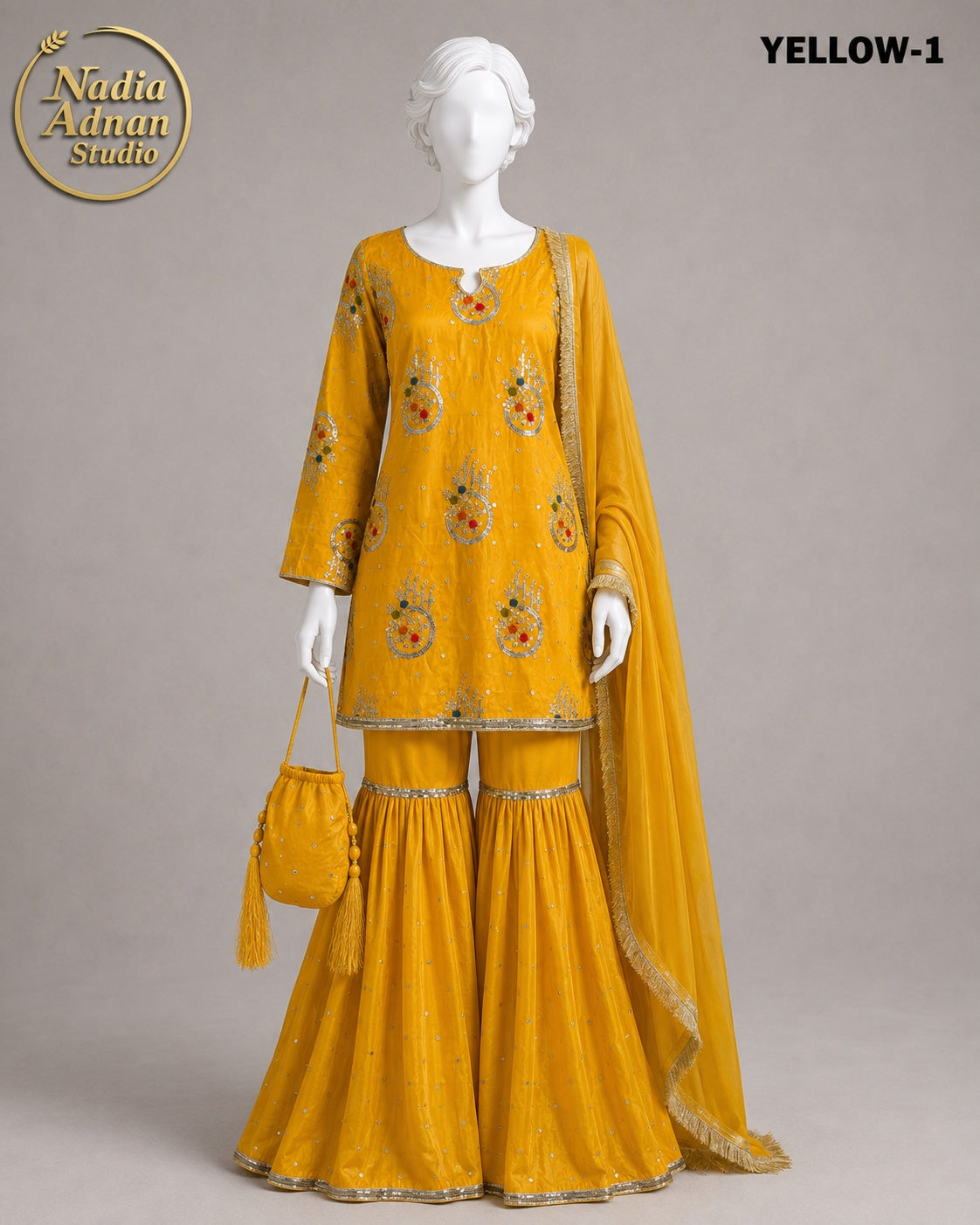YELLOW KATAN GHARARA -S - image 1 - Nadia Adnan Studio