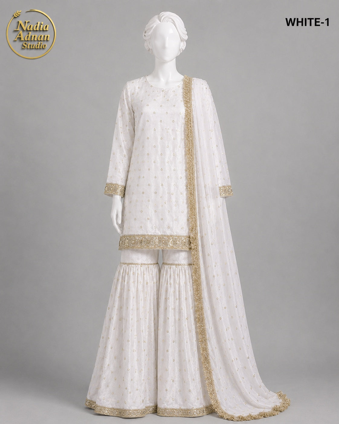 WHITE CHIFFON GHARARA -M - image 1 - Nadia Adnan Studio
